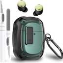 for Google Pixel Buds Pro/Pro 2 Case Cover with Lock Clip & Cleaner Pen 2022/2024, Shockproof Protective Hard Shell Skin with Carabiner Men Women - Black/Green