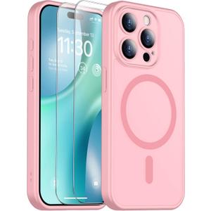 SPIDERCASE Designed for iPhone 15 Pro Max Case, Magnetic Translucent [2 Tempered Glass Screen Protector] [Full Camera Protection] Anti-Fingerprint Anti-Scratch for iPhone 15 Pro Max 6.7, Pink