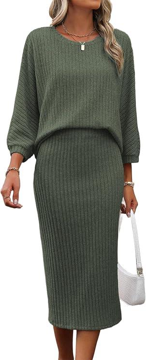 HBQ Women's 2 Piece Sweater Skirt Sets Ribbed Knit Loose Lantern Sleeve Top Midi Skirt Outfit Casual Loungewear Sets, Size M
