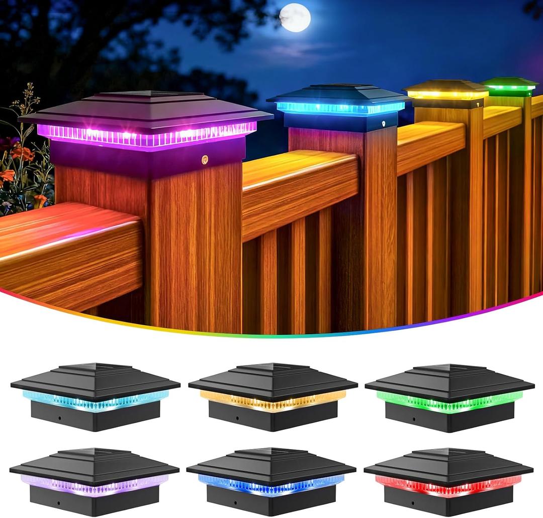 VOLISUN Solar Post Cap Lights Color Changing Outdoor Waterproof, RGB Modes Fence Post Cap Lights 6 Pack, for 4x4 x5 x6 Wooden/Vinyl(Black)