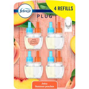 Febreze Plug In Air Freshener, Odor-Fighting Scented Oil Refill, Air Fresheners for Home and Bathroom and Kitchen, Long Lasting for Strong Odors, Juicy Summer Peaches Scent, 0.87oz Refills, 4 Count