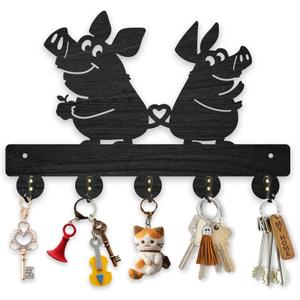 MAYJOYDIY Wood Funny Pig Key Holder Wall Mount Pig Love Heart Key Rack 2 Pig Wall Hook Decor 11.8x7.8 inch Animal Theme Key Hanger with 5 Alloy Hooks for Farmhouse Home Entryway