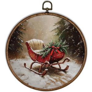 XBBMGG Winter Christmas Red Sleigh Wall Art Decor, Farmhouse Christmas Round Wall Hanging Decor, Rustic Holiday Winter Xmas Framed Canvas Prints for Home Bedroom Living Room Decorations, 10x10inch