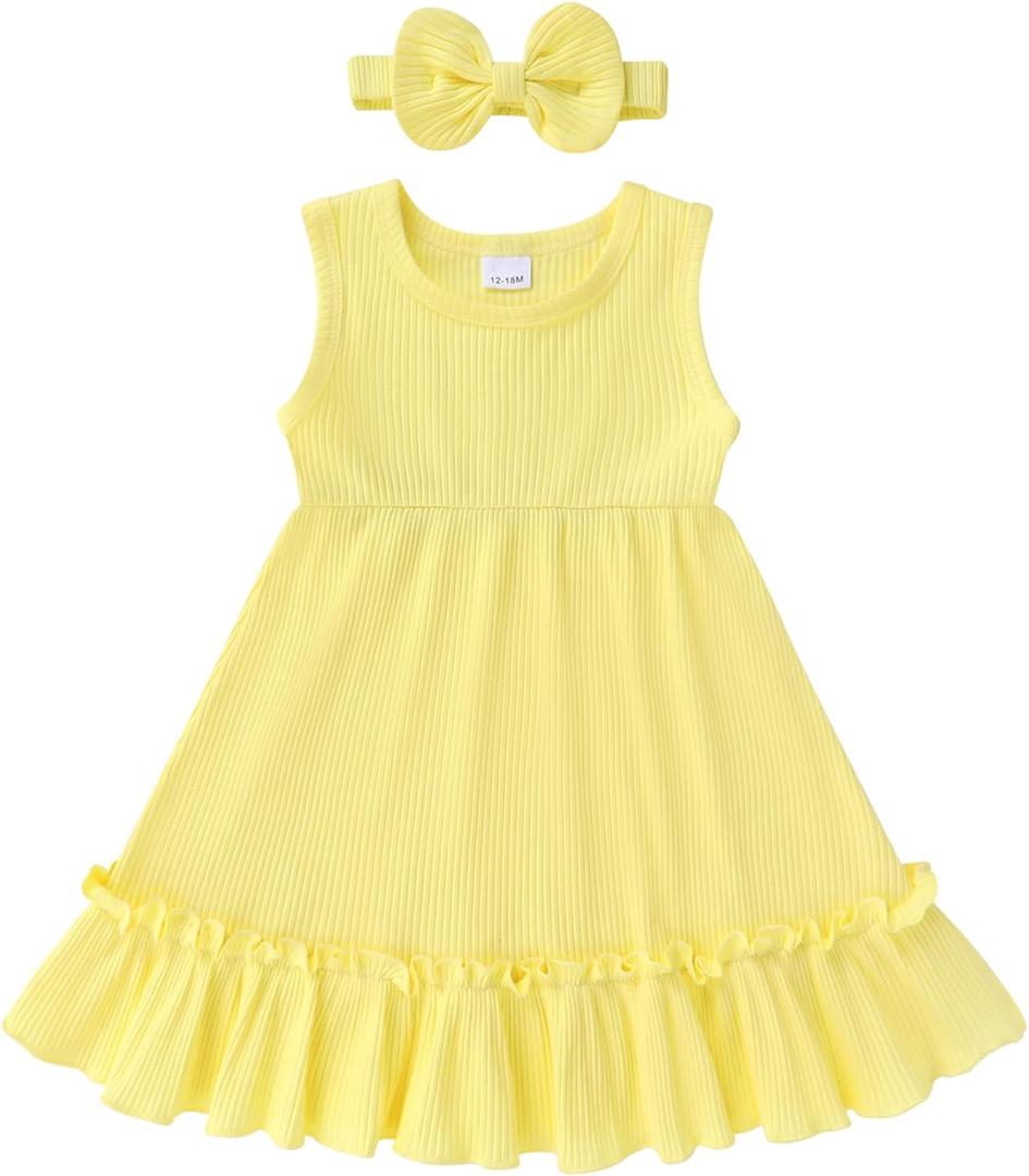 YOUNGER TREE Toddler Girl Summer Sundress Sleeveless Casual Dress Ruffle Hem Cotton Solid Outfits with Bowknot (Yellow)