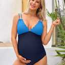 Charmo Scallop Trim Maternity Swimsuit One Piece V Neck Pregnancy Bathing Suit Ruched Swimwear Cutout Tie Back (Blue, M)