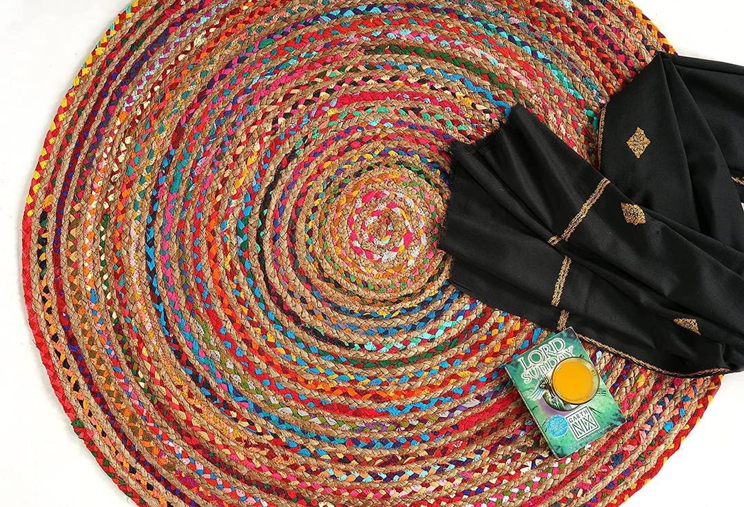 GRUHUM Handwoven 4'feet Jute Cotton Round Area Rug, Natural Multi Chindi Boho Colorful Rustic Vintage Soft Braided Reversible Bohemian Rug- Indoor EcoFriendly Kitchen Bedroom Living Room 4' ft Circle