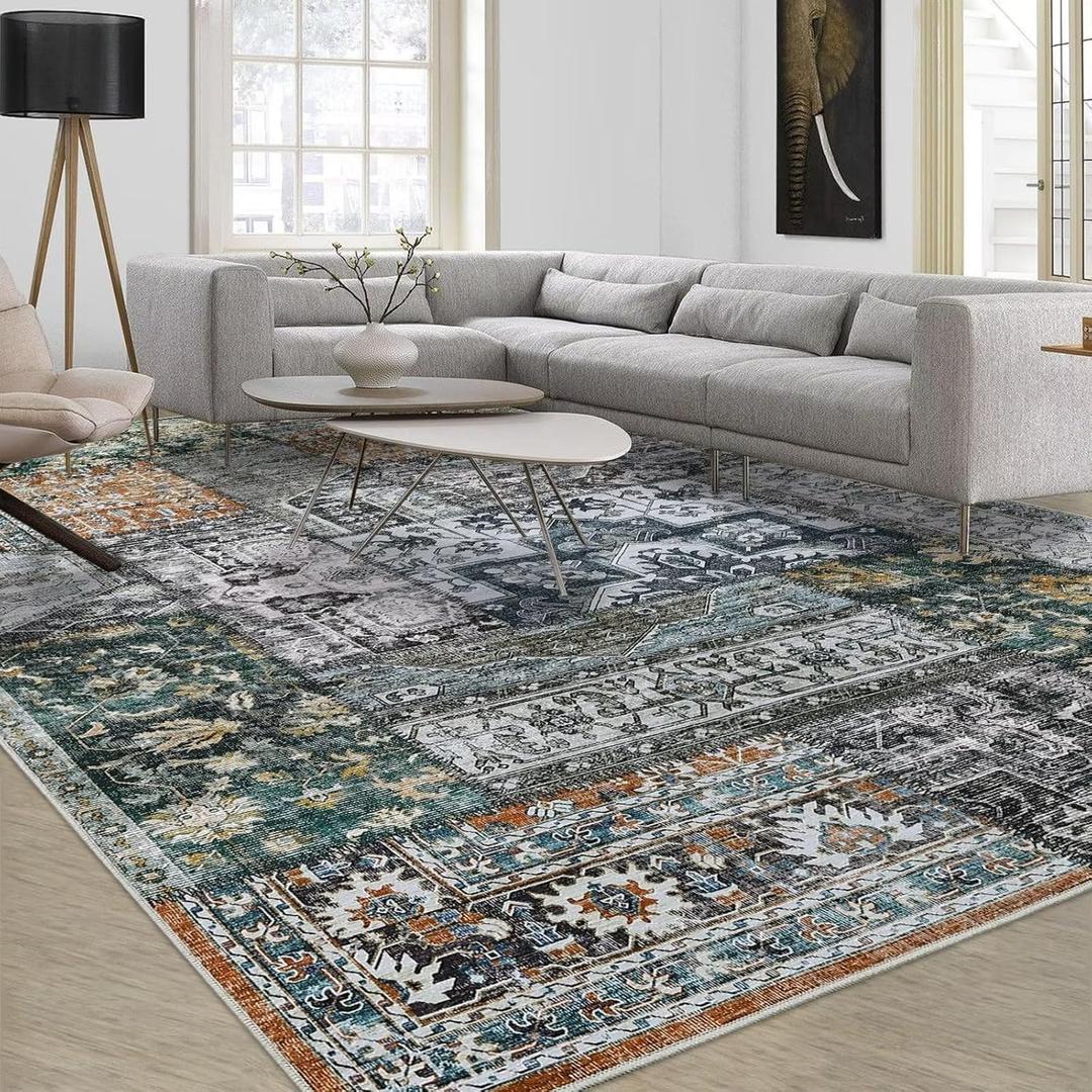 IMINROME Washable Rug 5x7 Area Rug for Living Room Vintage Large Area Rug with Non Slip Backing Retro Accent Patchwork Print Home Decor Rug Traditional Indoor Floor Carpet for Bedroom Apartment, Grey