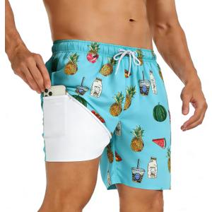 Mens Swim Trunks with Compression Liner 7 inch Inseam Quick Dry 2 in 1 Beach Board Shorts with Pockets S-3XL (Teal, S)