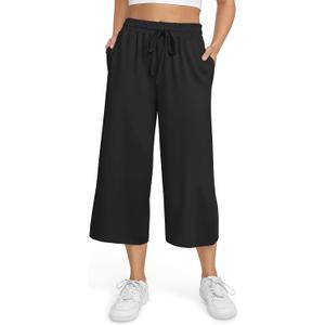 TARSE Women's Summer High Waisted Yoga Capri Pants Plus Size Casual Sport Activewear Capris Sweatpants Loose Fit (Large, Black)