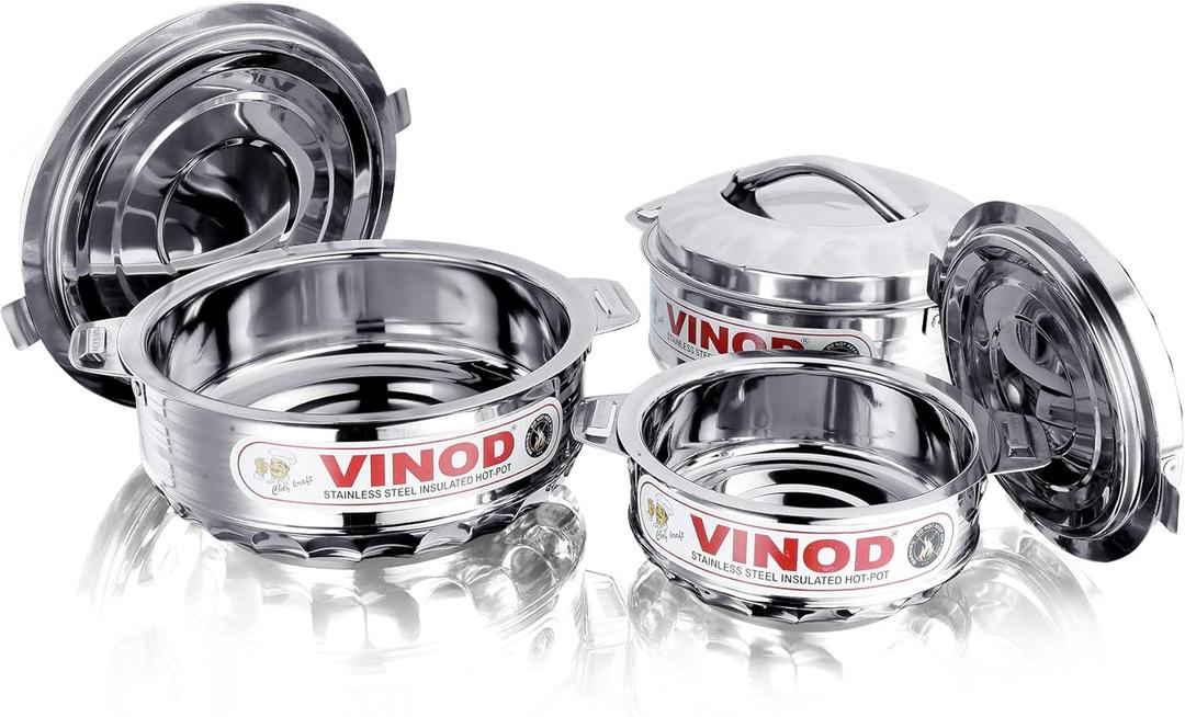 Vinod 3-Piece Insulated Casserole Food Warmer/Cooler Hot Pot Gift Set, 1000mL+1500mL+2500mL, Stainless Steel