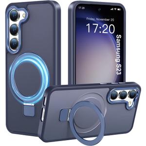 Compatible with Samsung Galaxy S23 Case with Magnetic Ring Stand, Military Drop Protection, Anti-Scratch/Anti-Fingerprint Translucent Matte Case for Samsung Galaxy S23 (Dark Blue)