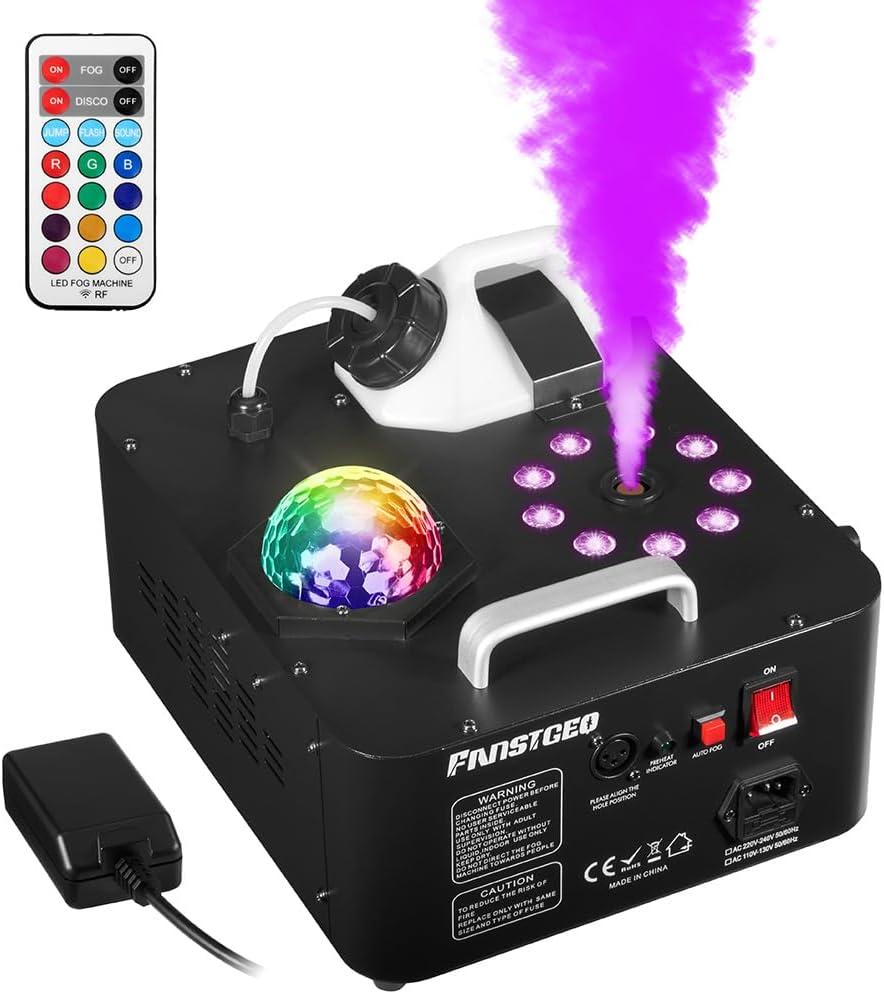 Fog Machine Vertical Smoke Machine with LED Lights, Disco Ball, Wireless Remote and Sound Activation, Produce Smoke Vertically or Horizontally - Ideal for Parties, Stage, Halloween, Events