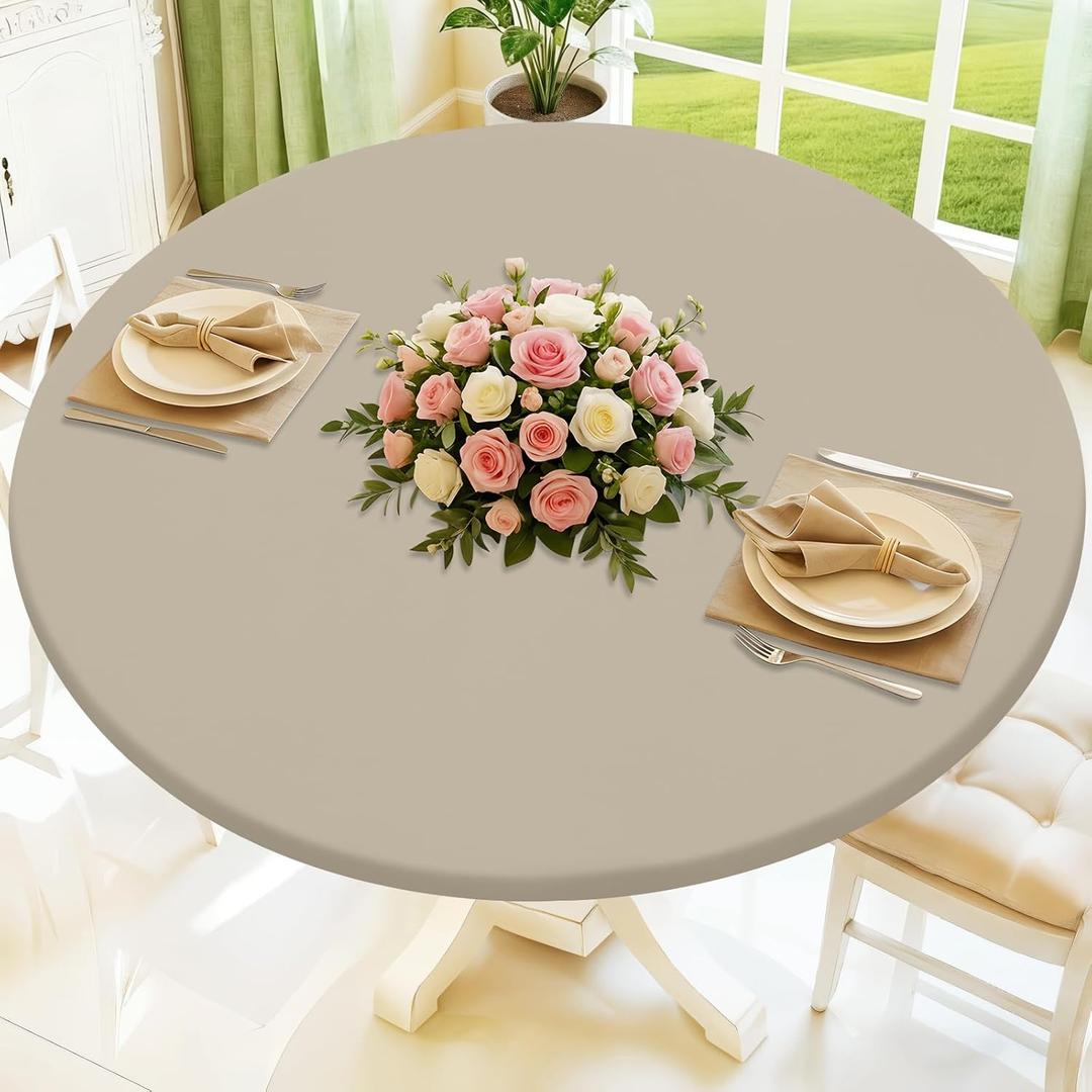 Moosfor Round Spandex Tablecloth, Elastic Fitted Waterproof Tablecloths for 45"-56" Tables, Stretch Washable Picnic Table Cover for Camping, Dining, Indoor and Outdoor, Taupe