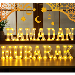 Aurelema 14 Pcs Ramadan Mubarak Large LED Letter Sign Powered Battery Light Hanging Decor for Party Decorations Indoor Outdoor