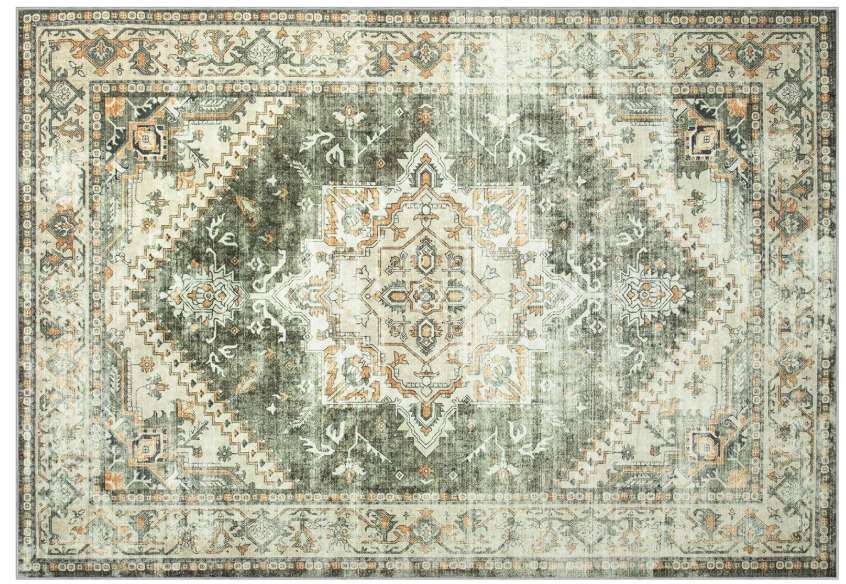 8x10 Area Rugs Washable Rug: Lagre Soft Living Room Rug Anti-Skid Indoor Floor Thin Carpet Vintage Stain Resistant Carpets for Bedroom Dining Room Farmhouse Nursery Office Green