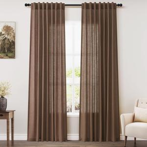 Caramel Brown Linen Curtains 84 Inches Long for Bedroom Back Tab Light Filtering Privacy Semi Sheer Drapes Modern Farmhouse Decor Cotton Textured for Living Room Curtain 2 Panels Set 52x84 Inch
