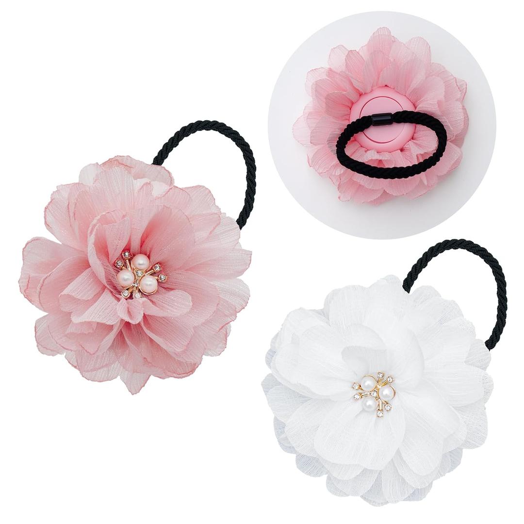 2 Pack Kids Hair Ties Holder for Airtag 2nd & 1st, Cute Flower Hidden Hair Elastic Band Tracker Case for Girls (Pink White, Thick Hair)