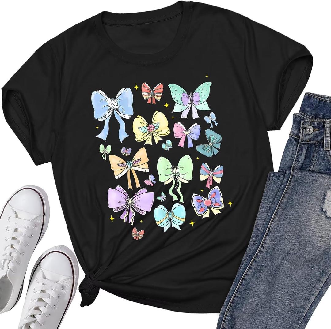 Magical Princess Bow Shirt for Women Magic Kingdom Tshirt Short Sleeve Family Holiday Vacation Tee Tops Black, Small
