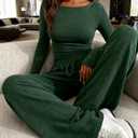 Women's 2 Piece Sweatshirt Sets Long Sleeve Scoop Neck Crop Top Wide Leg Tracksuits Casual Lounge Set (Green, M)