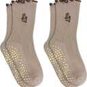 3 Pairs Cute Pilates Grip Socks for Women, Ruffle Yoga Non Slip Barre Socks for Workout & Dance (Beige)