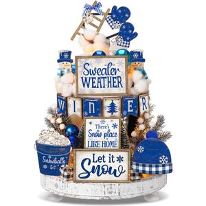 Pickmesh 24 Pcs Winter Tiered Tray Decor Rustic Snowman Table Decoration for Home Snowflake Table Shelf Winter Farmhouse Decor Xmas Trees Pine Signs for Christmas Shelf Kitchen(Bule)