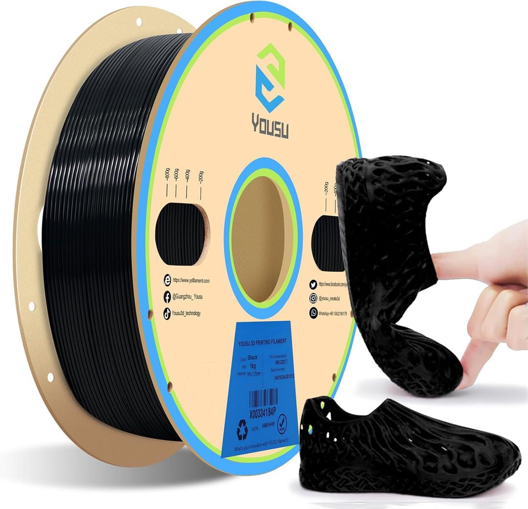 YOUSU TPU Filament 1.75mm,TPU95A Flexible Filament, Soft 3D Printer Filament, 3D Printing Filament TPU Black,1kg Spool (2.2 lbs)