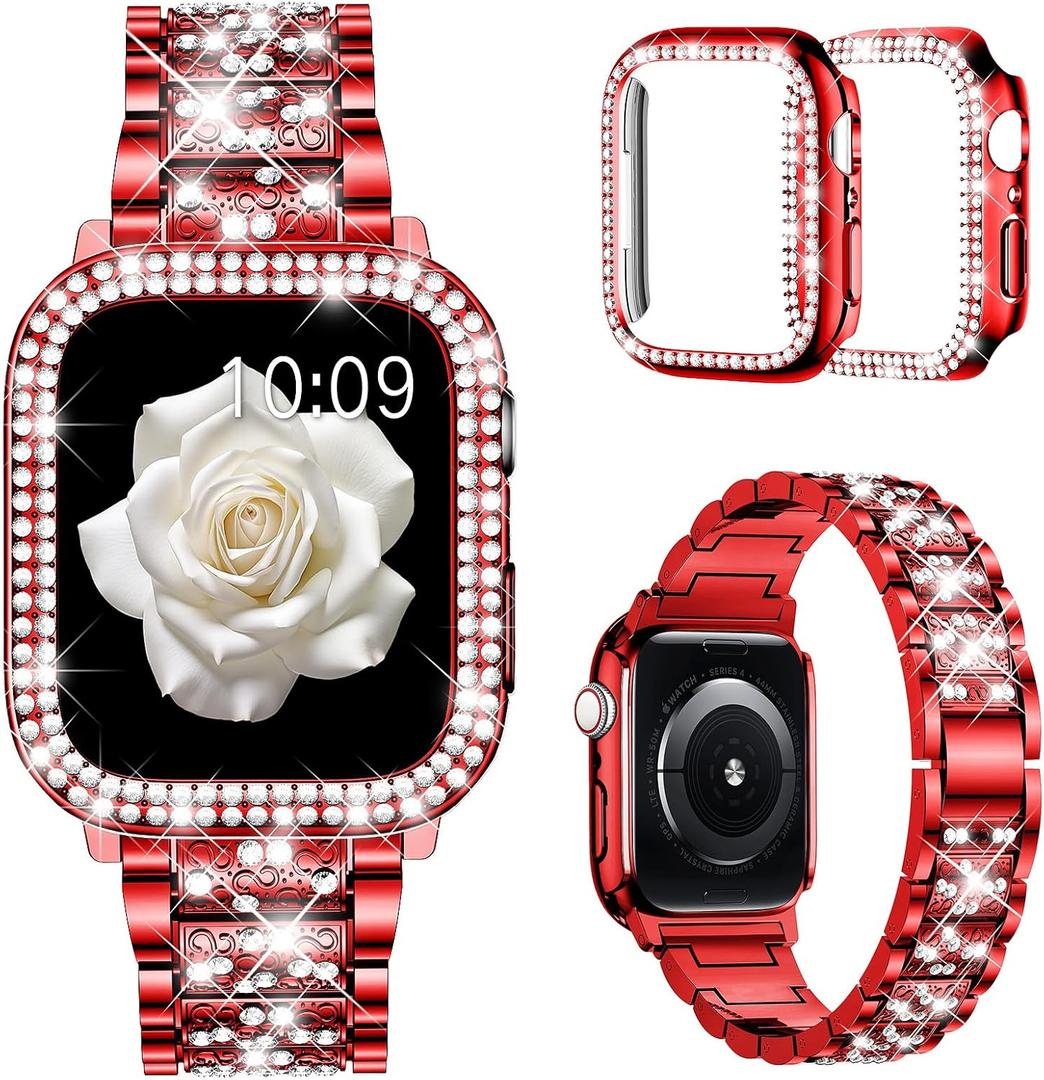Mosonio Compatible with Apple Watch Band 38mm 40mm 41mm 42mm 44mm 45mm 46mm 49mm with 2 Pack Case Women, Jewelry Replacement Metal Bands Strap with Bling PC Protective Case for iWatch Ultra SE Series 11/10/9/8/7/6/5/4/3/2/1 (Red)
