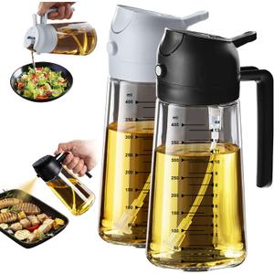 TrendPlain 16oz/470ml Glass Olive Oil Sprayer for Cooking 2 in 1 Olive Oil Dispenser Bottle for Kitchen Gadgets and Air Fryer Accessories, Salad, BBQ - Black & Ash