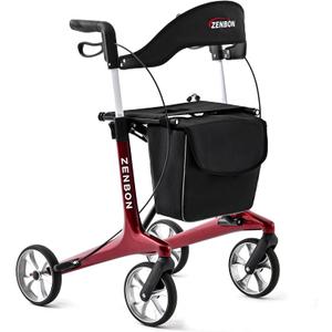 Rollator Walker for Seniors/Adults Foldable Rolling Walker with Seat 440 lbs Capacity 4 Big 7.9 inch Wheels Hand Grips Adjustable Height Lightweight Carbon Fiber Walker Removable Back Support