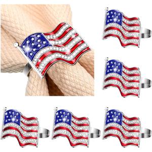 Geiserailie 6 Pieces Patriotic Napkin Rings 4th of July American Flag Napkin Ring Holder Red White and Blue Rhinestones Serviette Buckle Table Ring for 250th Anniversary Independence Day Party Home