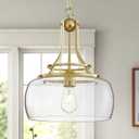 WUZUPS Chandelier Rustic Farmhouse Industrial Round Ceiling Pendant LED Light Fixture with Clear Glass Shades for Dining Room Kitchen Island Foyer Entryway, H 17" x W 13.4", E26 Base, Gold