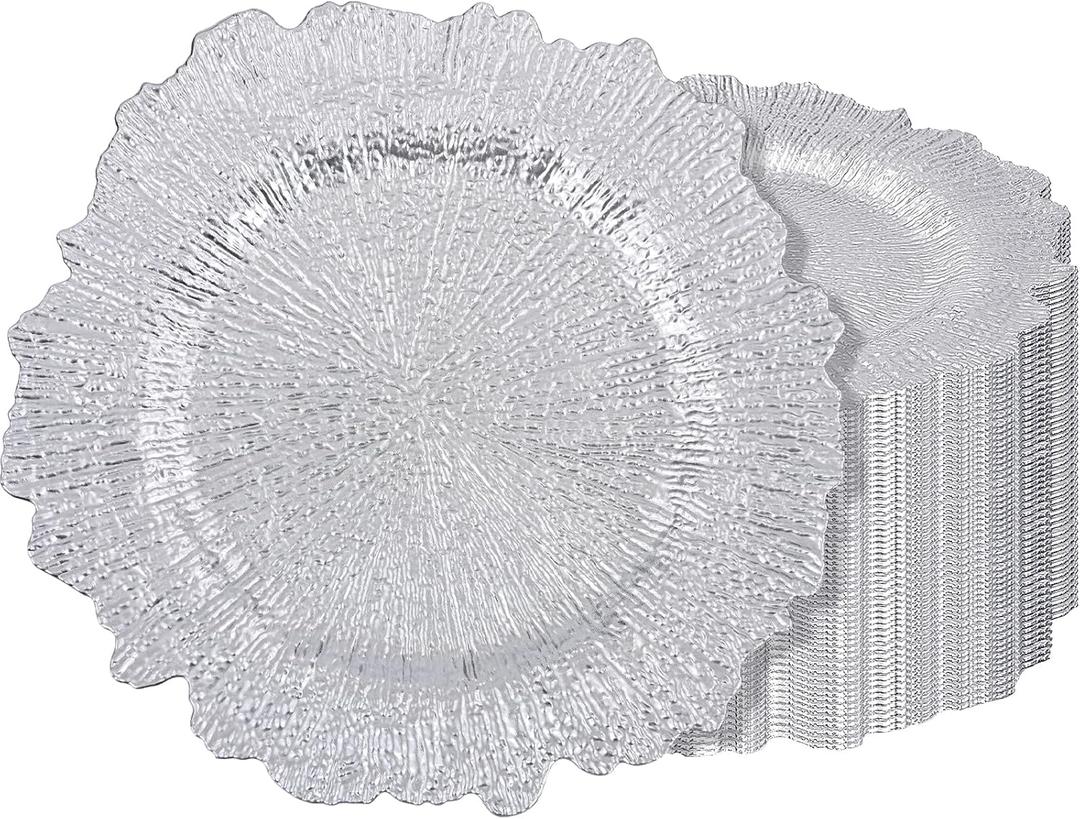 50 Pack Silver Charger Plates, Reef Plate Chargers for Dinner Plate, 13'' Round Plastic Table Chargers for Wedding, Party, Event, Dinner, Table Setting, Tabletop Decor