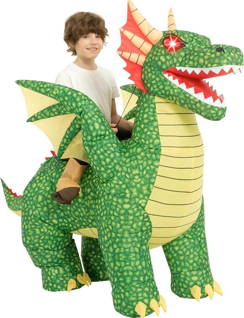 One Casa Inflatable Costumes for Kids, Blow Up LED Light Eyes Dragon Suit, Ride On Halloween Costumes for Boys Girls (7-10YRS)