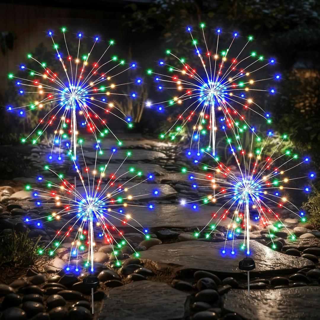 Solar Garden Firework Lights Outdoor Waterproof, 4 Pack Solar Lighting with 8 Lighting Modes , 120 LED Sparklers String Lights for Outside Decor Yard Pathway Halloween Decorations(Colorful)