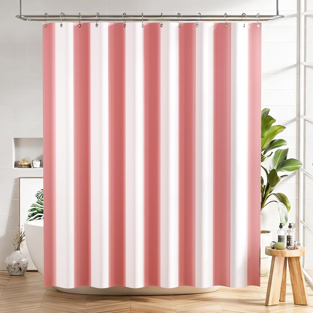 AmazerBath Pink Vertical Stripes Shower Curtain, Cute Pink Stripe Bathroom Shower Curtain with 12 Shower Curtain Hooks, Rustic Fabric Pink and White, 72x72 Inches