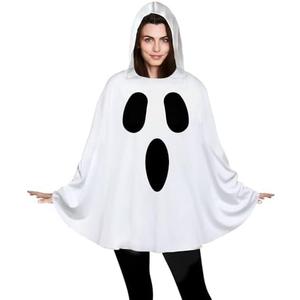 Oskiner Ghost Costume for Adults,White Ghost Poncho Hooded Cape,Spooky Halloween Costume for Women