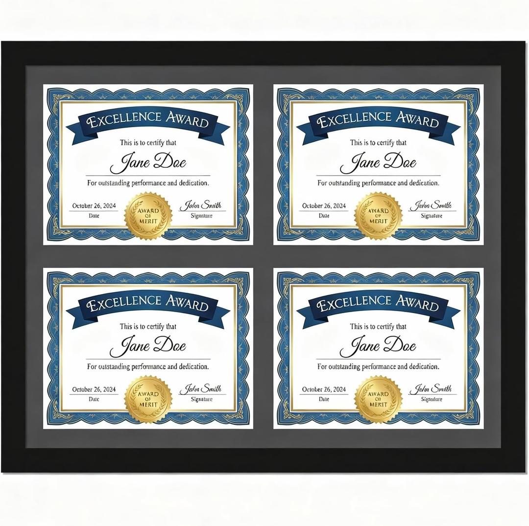 CroBlissful 8.5x11 Diploma Picture Frame Black 20x24 Certificate Frame with 4 Opening Mat, Displays Four 8.5x11 Documents - Horizontal Wall Mount Certificate Holder for Diplomas, Degrees, Document, 23.82 x 27.76 inches