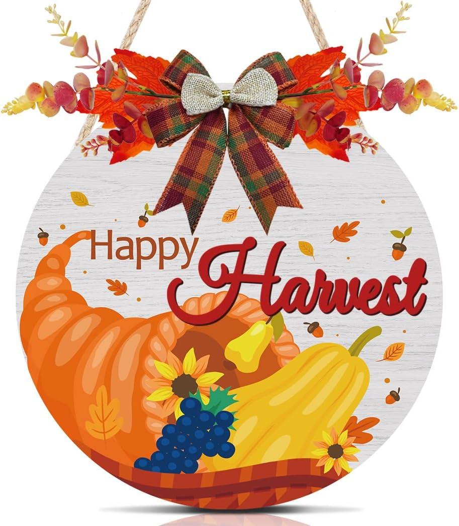 Happy Harvest Wood Sign Decor Rustic Autumn Pumpkins Maple Leaf Wood Decor Seasonal Home Decorations Autumn Wall Hanger 12x12 Inch