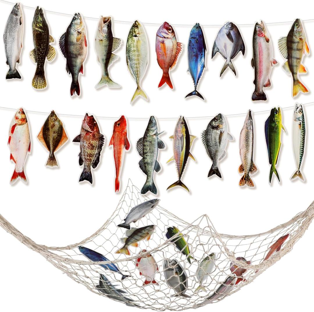 Glenmal 20 Pcs Fish Birthday Party Decorations Gone Fishing String Hanging Banner with 1 Fish Net for Birthday Engagement Retired Outdoor Game Tournament Barbecue Party Backdrop Decor