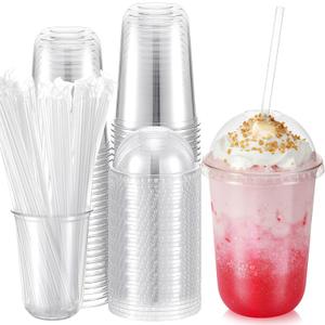 Ziliny 25 Set 16oz Plastic Cups with Dome Lids and Straw Clear Disposable Drinks Cup for Iced Coffee, Smoothie, Juice, Soda, Cocktail Party, Tea, Parfait, Dessert, Fruit Milkshake, Ice Cream