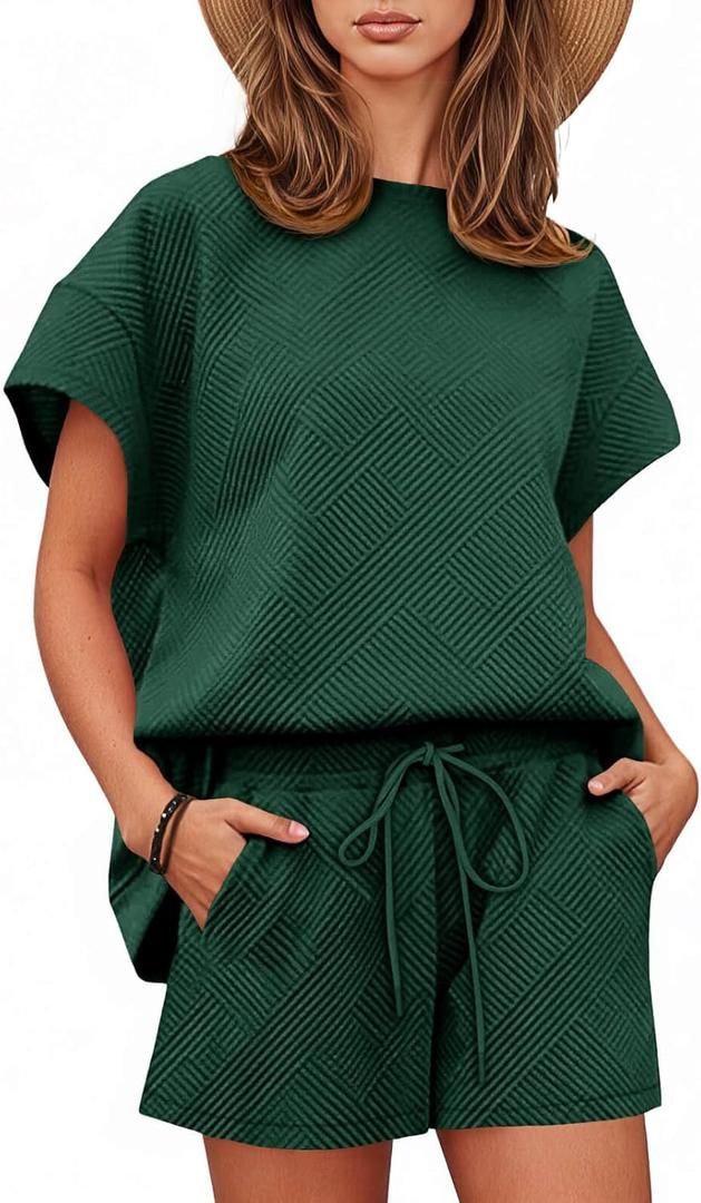 Tankaneo Womens Loungewear Set Short Sleeve Tops and Shorts 2 Piece Outfits Matching Lounge Pajama Set with Pockets (Medium, Dark Green)