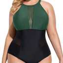 Daci Plus Size One Piece Swimsuit for Women - High Neck Plunge Mesh Cut Out Bathing Suits 24W