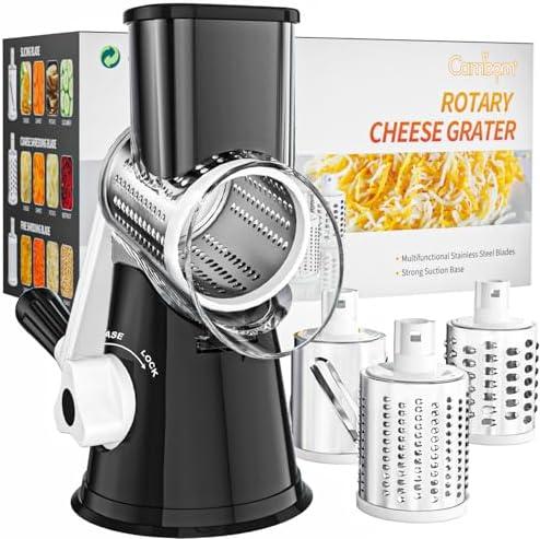 Cambom Rotary Cheese Grater Hand Crank Cheese Shredder for Fresh Cheese, Vegetable, Nuts, Non-slip Suction Base, Free Cleaning Brush, Three Blades, Black