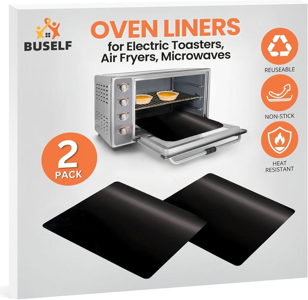 Reusable 9x11" Toaster Oven Liner for Breville, Cuisinart, Black & Decker, Nonstick Air Fryer Liners for Gourmia, Dash, Heat Resistant Up to 500F, PFOA & BPA Free, 2 Pack, Black