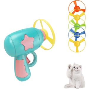 Andiker Cat Fetch Toy, Interactive Kitten Flying Disc Launcher Toy with 5 Colorful Flying Propellers for Cat Enrichment, Flying Saucer Toy for Cats for Training and Chasing (Blue)