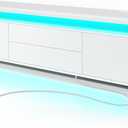 Rolanstar TV Stand with LED Lights & Power Outlet, Modern Entertainment Center for 32/43/50/55/65 Inchs TVs, Table, Universal Gaming Media Stand Storage Cabinet and Large Storage, White