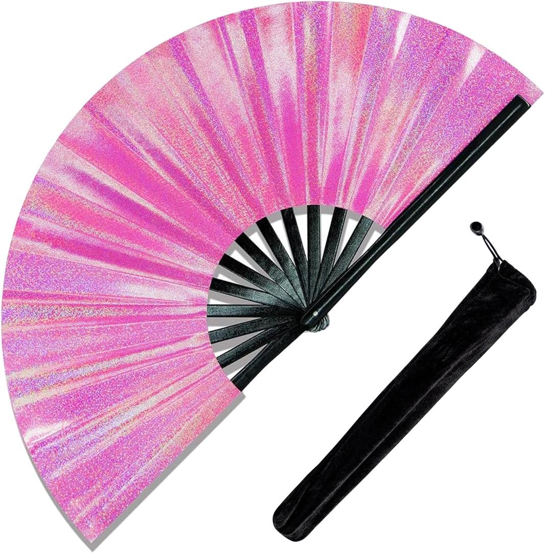 Fans for Line Dancing, 1 Pcs Boots On The Ground Hand Fan, Large Clacking Pop Fans That Make Sound, Women Men Foldable Clapping Handheld Fan for Line Dancing (Laser Pink Dot)
