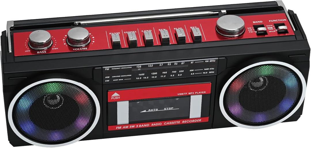Portable Cassette Player Boombox AM/FM/SW Radio Stereo, CasetteTape Player Recorder,MP3 Bluetooth USB RGB Lights TF card (Red)