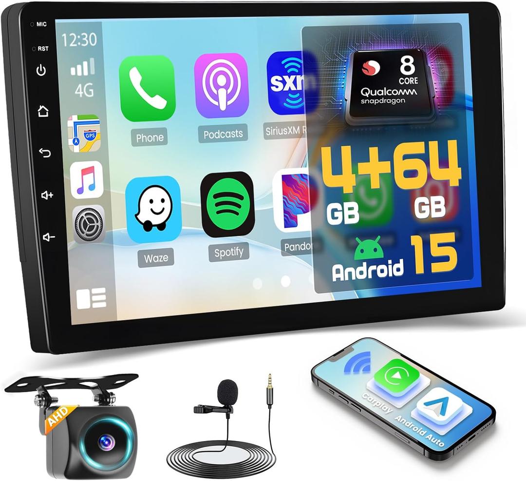 [8-Core 4+64GB ] 10.1inch Android 15 Double Din Car Stereo, Hikity Qualcomm Touchscreen Car Radio Wireless Carplay Android Auto with GPS Bluetooth 5G WiFi Backup Cam DSP/FM/RDS SWC Mic