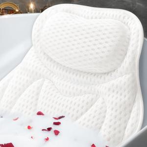 Bath Pillow Luxury Bathtub Pillow, Bath Pillows for Tub Neck and Back Support, Bath Tub Pillow Headrest with Soft 4D Air Mesh Fabric & Non-Slip Suction Cups, Fits All Bathtub Relaxing Bath Accessories (White)